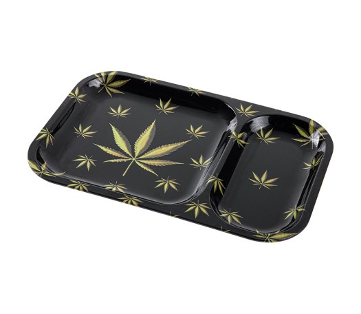 Rolling Tray Compartment Black Golden Hemp Leaf